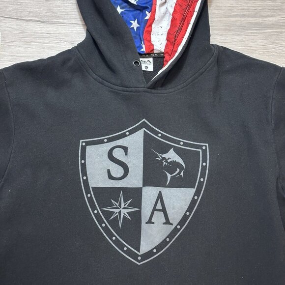 Men's Black Hoodie Fishing SA Co Classic American Flag Shield Size XL EUC - Picture 7 of 9